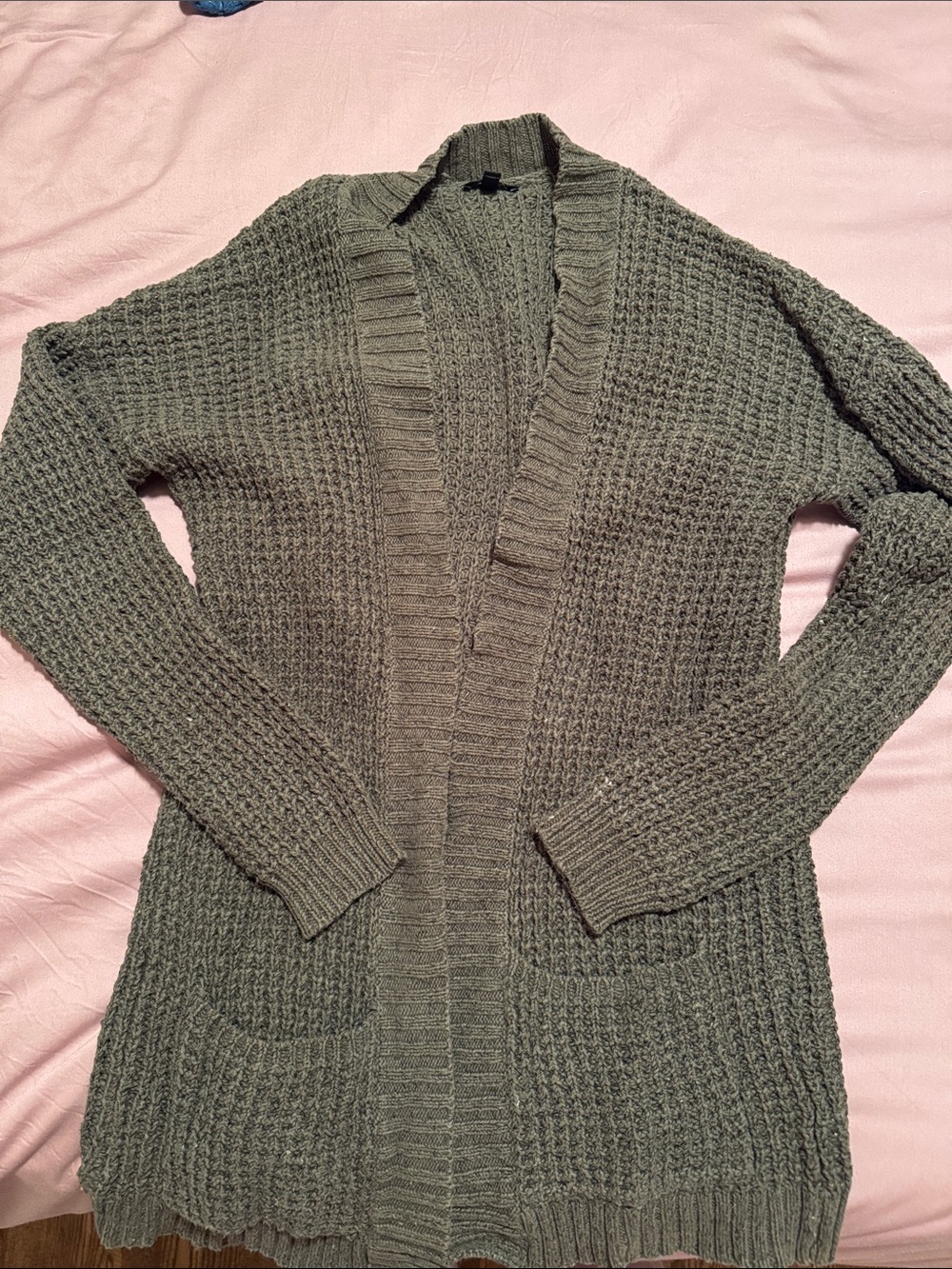 Express Olive Open-Front Waffle Knit Cardigan